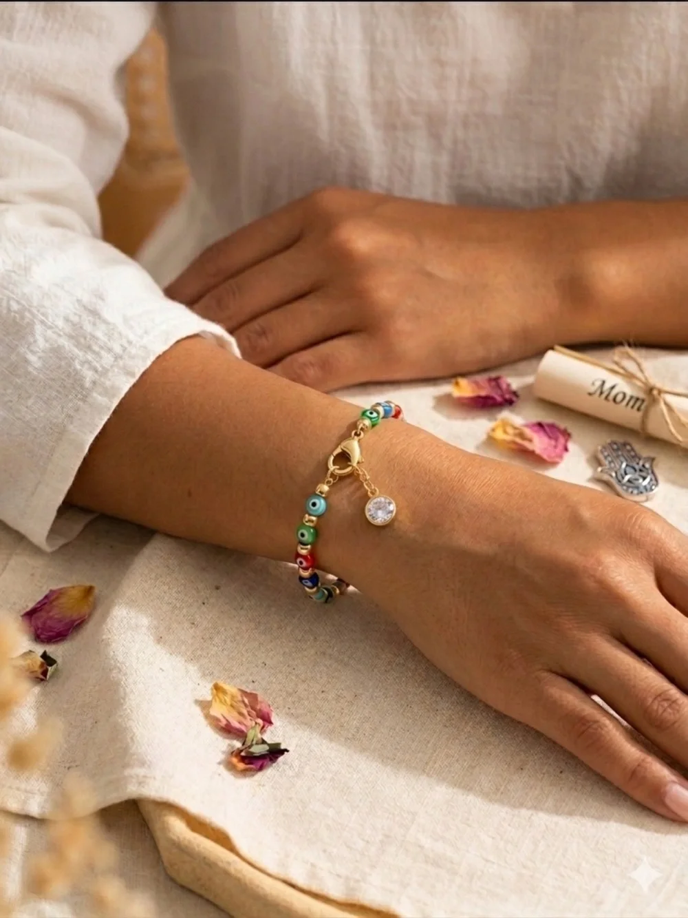 Mevecco Evil Eye Bead Bracelet Multicolor Gold Tone NIB Mother's Day Protection